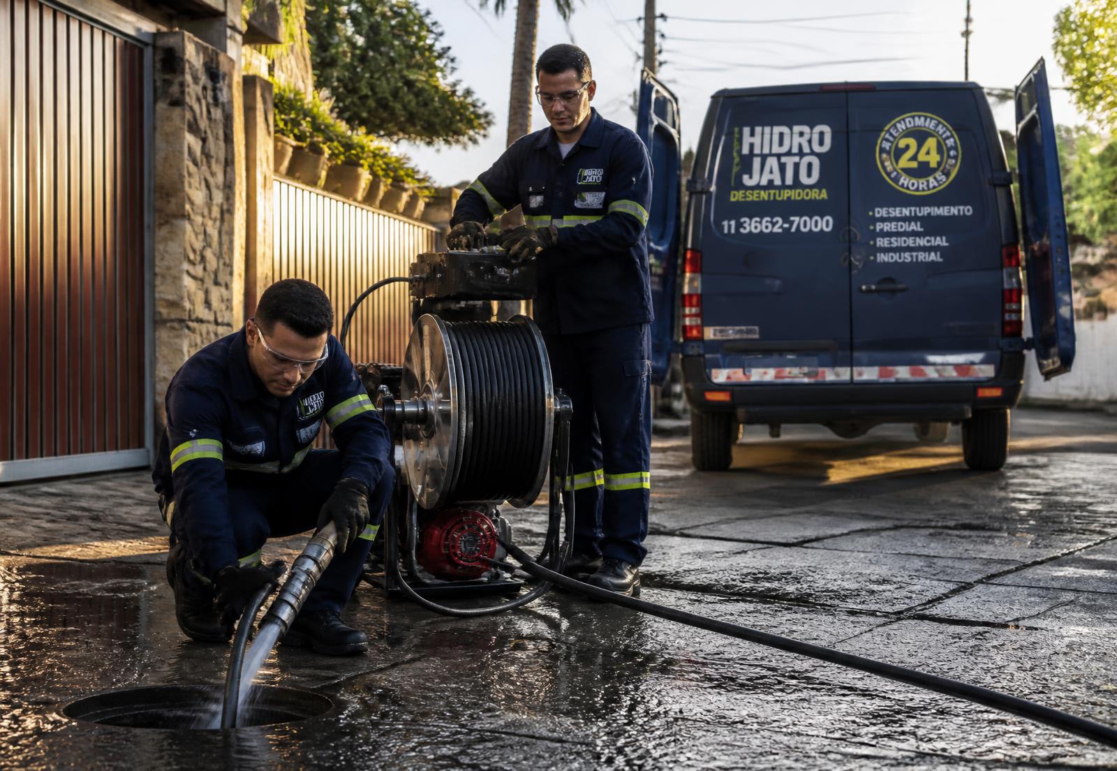 Equipe da Fluxo Desentupidora realizando hidrojateamento em uma residência